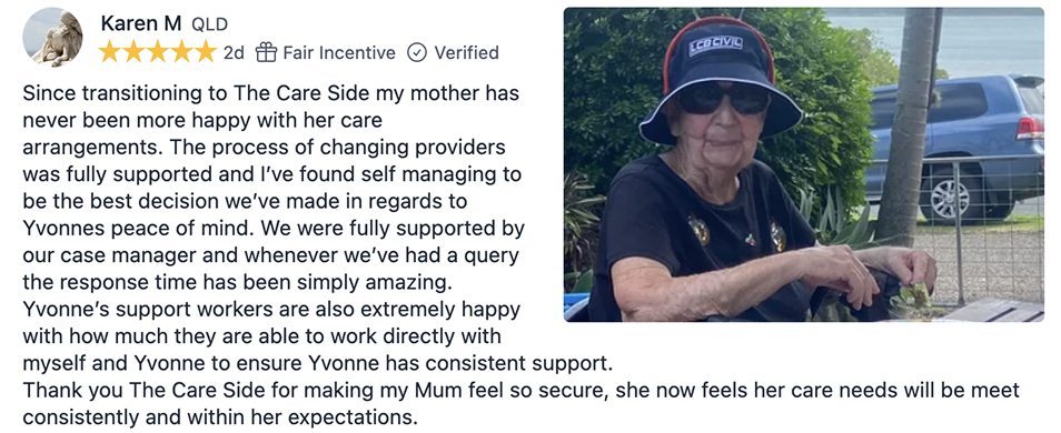 Photo of an aged care client and a review about self-managed home care with The CareSide.